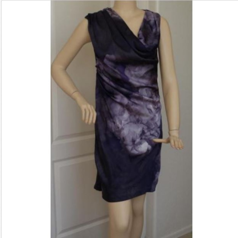 SUZI CHIN Purple Floral Satin Draped Pleated Dress